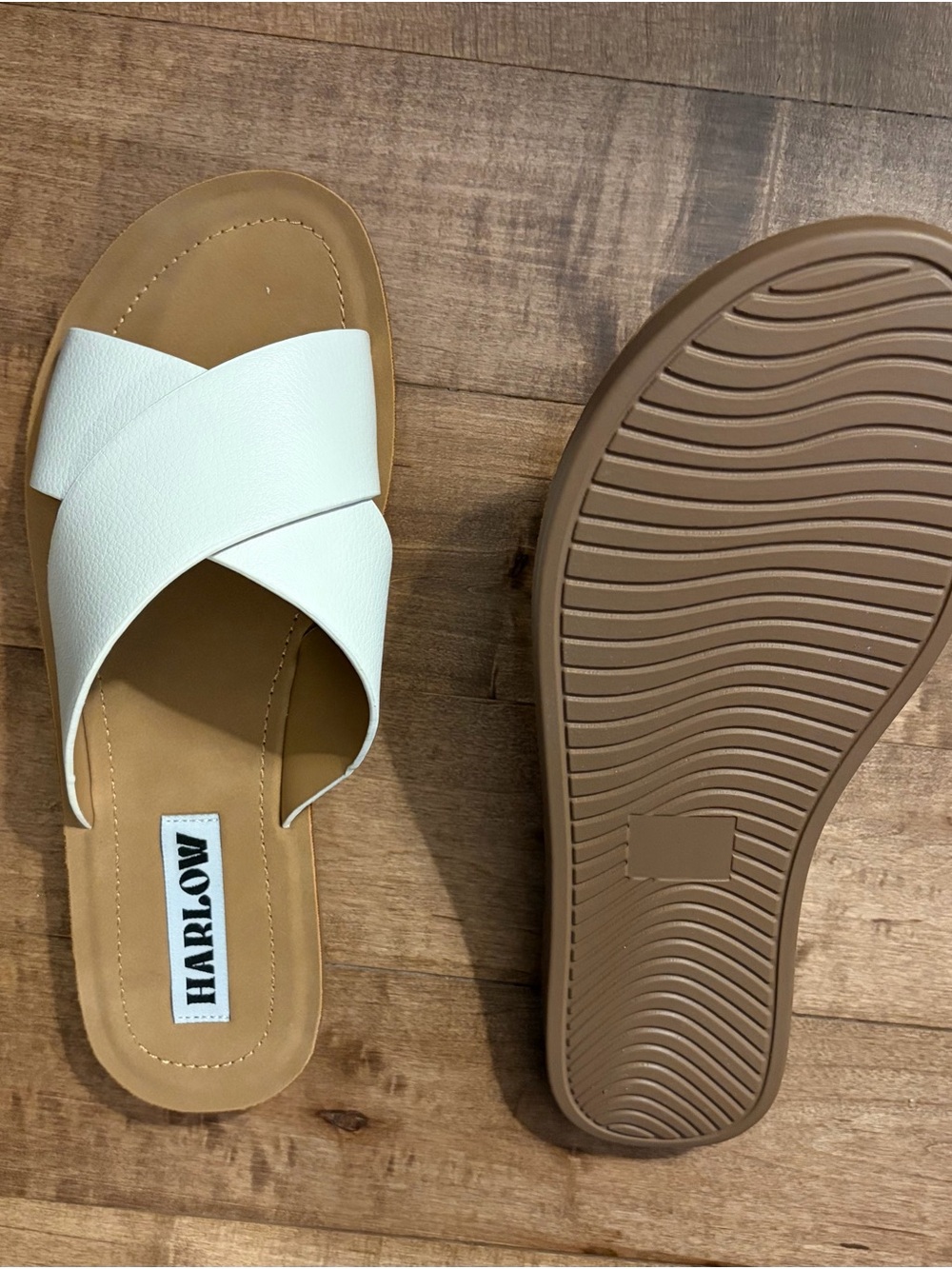 Harlow White and Tan Crossband Slide Sandals